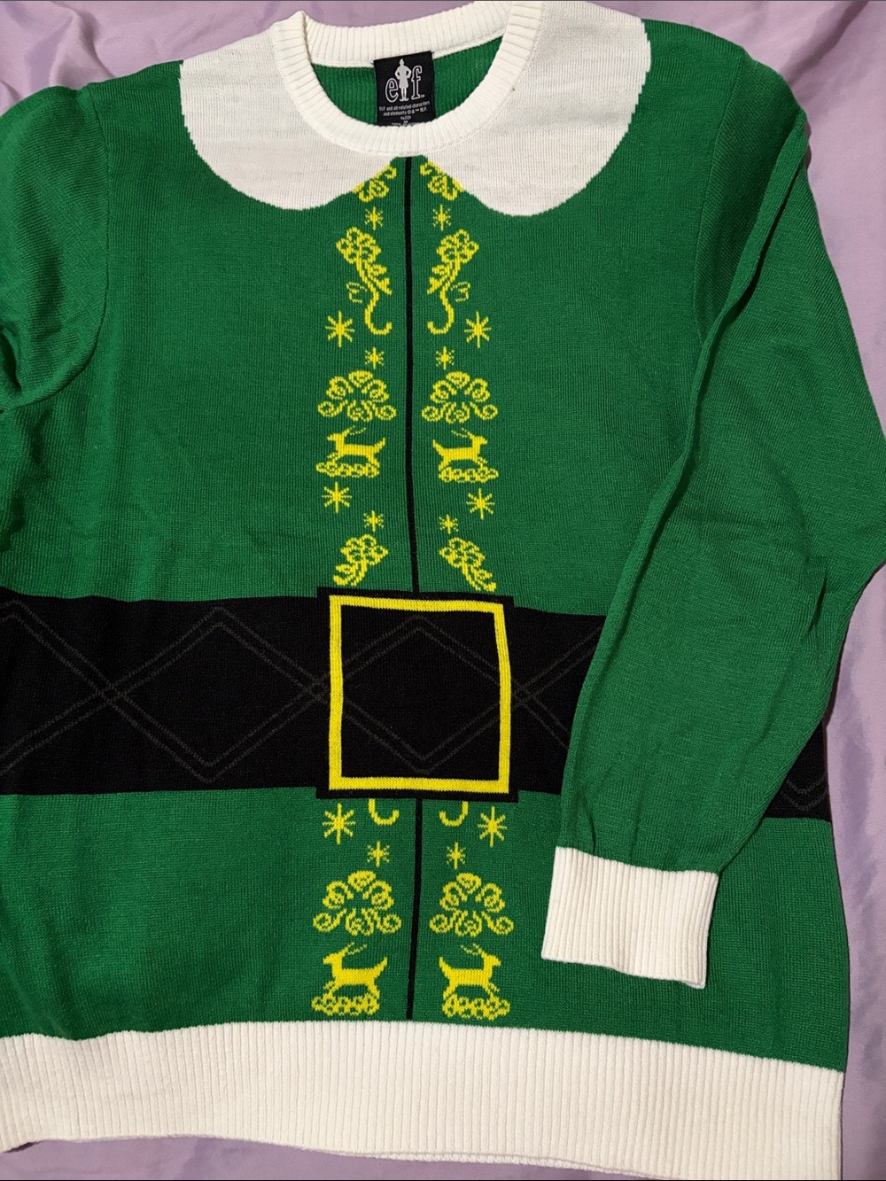 ELF White and Green Holiday Knit Sweater with Graphic Label